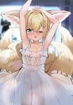  1girl ;o absurdres animal_ear_fluff animal_ears aqua_eyes arknights armpits bangs bare_arms bare_shoulders blonde_hair blurry blurry_background blush center_frills collarbone depth_of_field dress fox_ears fox_girl fox_tail frilled_dress frills hair_between_eyes highres kitsune looking_at_viewer one_eye_closed open_mouth rs_(airglow) sleeveless sleeveless_dress solo suzuran_(arknights) tail teeth twitter_username upper_teeth white_dress 