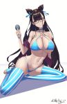  1girl absurdres bangs bare_shoulders bikini blue_bikini breasts eyebrows_visible_through_hair fate/grand_order fate_(series) flower grayfoxpochi hair_flower hair_ornament hair_up highres large_breasts long_hair looking_at_viewer microphone murasaki_shikibu_(fate) murasaki_shikibu_(swimsuit_rider)_(fate) purple_eyes purple_hair signature simple_background sitting smile striped striped_legwear swimsuit tied_hair white_background 