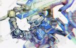  aqua_eyes dust_cloud from_side gundam gundam_00 gundam_00_festival_10_&quot;re:vision&quot; gundam_exia_repair_iv highres holding holding_sword holding_weapon kare_(0621utak) mecha mobile_suit no_humans science_fiction simple_background solo sword upper_body v-fin weapon white_background 