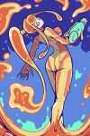  1girl akairiot arched_back arm_cannon ass bodysuit breasts english_commentary highres impossible_bodysuit impossible_clothes kneepits large_breasts long_hair looking_back metroid metroid_fusion orange_bodysuit orange_hair sa-x skin_tight slime_(substance) solo very_long_hair weapon yellow_eyes 