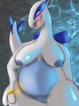  anthro areola avian bedroom_eyes big_breasts blue_areola blue_body blue_nipples blue_skin blush blush_lines breasts chubby_female digit_ring duo fangs female genitals glistening glistening_jewelry hand_on_hip hi_res jewelry legendary_pok&eacute;mon looking_at_viewer lugia mature_female narrowed_eyes nintendo nipples pok&eacute;mon pok&eacute;mon_(species) pussy reflection ring sagging_breasts seductive slightly_chubby smile smiling_at_viewer thick_thighs tongue tongue_out video_games water water_reflection wedding_ring white_body white_skin wide_hips word360 