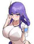 1girl absurdres bangs blush bottle braid braided_ponytail breasts cleavage commentary_request eyebrows_visible_through_hair genshin_impact hair_ornament highres holding holding_bottle large_breasts lkdv long_hair looking_at_viewer mole mole_under_eye open_mouth purple_eyes purple_hair raiden_shogun simple_background sketch solo upper_body very_long_hair water_bottle white_background 