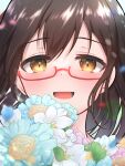  1girl :d blurry blurry_foreground blush bokeh brown_hair depth_of_field eyebrows_visible_through_hair face flower highres hutomashi_take idolmaster idolmaster_cinderella_girls kamijou_haruna looking_at_viewer red-framed_eyewear semi-rimless_eyewear smile solo yellow_eyes 