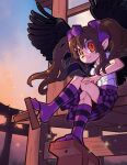  1girl bangs bird_wings black_legwear black_skirt black_wings brown_hair checkered_clothes checkered_skirt closed_mouth collared_shirt crossed_legs feathered_wings geta hat highres himekaidou_hatate long_hair looking_at_viewer manncho medium_skirt pointy_ears puffy_short_sleeves puffy_sleeves purple_headwear purple_legwear purple_skirt red_eyes self_upload shirt short_sleeves shrine sidelocks sitting skirt smile striped striped_legwear sunset tengu-geta tokin_hat torii touhou white_shirt wings 