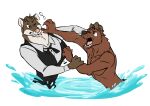  angry anthro duo fight hi_res kingdomblade lutrine male mammal mustela mustelid musteline pulling_clothing stoat true_musteline water 