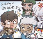  4boys aegir_(housamo) anger_vein antonio_(gyee) beard birthday box brown_hair cake character_request chibi crossover dark-skinned_male dark_skin denim eating eyebrow_cut facial_hair feet_out_of_frame food gift gift_art gift_box gyee highres holding holding_cake holding_food ina_zuma jeans male_focus mature_male multiple_boys mustache pants ponytail sharp_teeth short_hair shouting sideburns spiked_hair teeth thick_eyebrows tokyo_afterschool_summoners torn_clothes torn_pants translation_request 