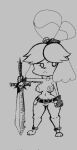  animal_crossing anthro big_breasts breasts canid canine canis clothed clothing cosplay costume cris_art digital_media_(artwork) domestic_dog female fur genitals holding_object huge_breasts isabelle_(animal_crossing) mammal melee_weapon monochrome nintendo nipples partially_clothed shih_tzu simple_background sketch solo sword thick_thighs toy_dog video_games weapon wide_hips 