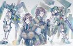  2boys bangs beam_rifle bodysuit brown_hair commentary energy_gun energy_weapon eyepatch from_behind funnels_(gundam) gn_drive green_bodysuit green_eyes gun gundam gundam_00 gundam_00_a_wakening_of_the_trailblazer gundam_dynames gundam_zabanya haro helmet highres holding holding_helmet holding_weapon kare_(0621utak) lockon_stratos lyle_dylandy mecha medium_hair mobile_suit multiple_boys neil_dylandy profile rifle science_fiction siblings simple_background sniper_rifle twins v-fin weapon 