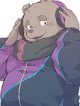  2019 anthro blush clothed clothing cute_fangs dv-ch headphones hi_res humanoid_hands kemono male mammal overweight overweight_male scarf simple_background solo ursid 