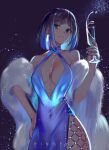  1girl bare_shoulders between_breasts black_hair blue_hair breasts champagne_flute cleavage cleavage_cutout clothing_cutout cup dress drinking_glass fur_trim genshin_impact green_eyes halter_dress halterneck hand_on_hip highres jewelry looking_at_viewer navel night night_sky ringeko-chan side_slit sky sleeveless solo yelan_(genshin_impact) 