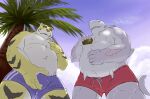  2014 anthro belly big_belly bottomwear bulge clothing duo felid fish grey_body hodol humanoid_hands kemono male mammal marine outside overweight overweight_male palm_tree pantherine plant scar shark shorts tiger tree white_body yellow_body 