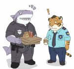  2015 anthro biped bottomwear clothing duo exclamation_point felid fish hodol humanoid_hands kemono male mammal marine overweight overweight_male pantherine pants police police_badge police_uniform shark shirt simple_background tiger topwear uniform white_background 