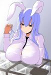  1girl akure_ekuto animal_ears blazer blouse bra breast_rest breasts buttons highres jacket large_breasts light_purple_hair long_hair rabbit_ears reisen_udongein_inaba see-through solo touhou underwear very_long_hair white_blouse white_bra 