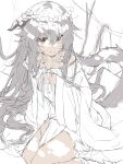  1girl bangs branch closed_mouth commentary_request dress grey_hair hair_between_eyes highres horns long_hair looking_at_viewer original purple_eyes seiza sitting sketch smile solo tail very_long_hair white_background white_dress yuuji_(yukimimi) 