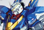  1990s_(style) green_eyes grey_background gundam ishida_baru looking_down mecha mobile_suit no_humans portrait retro_artstyle science_fiction solo v-fin v2_gundam victory_gundam 