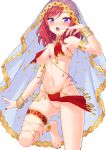  1girl absurdres ankle_strap armband armpits ass_visible_through_thighs bangs bare_shoulders blush bracelet breasts chain cleavage commentary covered_nipples dancer eyebrows_visible_through_hair eyelashes feet forehead gem gold_chain gold_trim hand_up highres jewelry loincloth loincloth_lift looking_at_viewer love_live! love_live!_school_idol_project medium_breasts medium_hair navel necklace nemou nishikino_maki no_bra no_panties open_mouth parted_bangs purple_eyes pussy red_nails revealing_clothes simple_background single_bare_leg solo standing standing_on_one_leg star_(symbol) star_print thigh_strap thighs toes veil white_background 