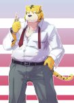  2011 anthro belly big_belly black_nose bottomwear clothing dv-ch felid hi_res humanoid_hands kemono male mammal overweight overweight_male pantherine pants shirt smoking solo tiger topwear yellow_body 