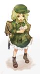 1girl backpack bag boots brown_footwear camouflage card commentary_request flat_cap frilled_skirt frills full_body green_eyes green_hair green_headwear hat highres holding holding_card kappa key key_necklace medium_hair open_mouth pocket simple_background siyumu skirt skirt_set touhou white_background yamashiro_takane 