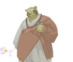  2014 anthro brown_body brown_nose canid canine clothing hodol humanoid_hands kemono male mammal overweight overweight_male raccoon_dog robe simple_background solo tanuki white_background 
