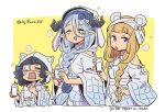 3girls :d animal_ears animal_hood asaya_minoru bangs bare_shoulders blonde_hair blue_bow blue_hair blush bottle bow braid cagliostro_(granblue_fantasy) character_request closed_eyes clothing_cutout cropped_torso english_text eyebrows_visible_through_hair eyepatch fake_animal_ears granblue_fantasy hair_between_eyes hair_bun hand_on_hip holding holding_bottle hood hood_up horns long_hair lunalu_(granblue_fantasy) medical_eyepatch milk_bottle multiple_girls nose_blush pointy_ears purple_eyes shoulder_cutout side_bun single_braid smile sweat twin_braids twitter_username two-tone_background upper_body very_long_hair white_background yellow_background 