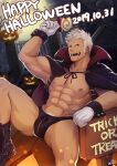  1boy 2019 abs artist_name bara bat biceps boots bulge candy cape clenched_hand collared_cape earrings fang food food_on_face gloves graveyard halloween hand_up highres jewelry large_pectorals lollipop looking_at_viewer lying male_focus male_swimwear manly mature_male moon muscular muscular_male navel navel_hair night night_sky nipples no_pants on_back open_mouth original pectorals pumpkin red_eyes sideburns sign sky smile solo spiked_hair spread_legs swim_briefs text_focus thick_arms thick_eyebrows thick_thighs thighs tongue topless topless_male tusks vampire_costume white_hair zifu zipper 