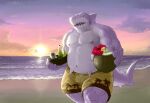  2014 anthro beach belly big_belly bottomwear clothing cloud fish hodol humanoid_hands kemono male marine moobs navel nipples overweight overweight_male seaside shark shorts solo sun sunset water 