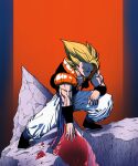  1boy absurdres bakarott blonde_hair blue_sash dragon_ball dragon_ball_z full_body gogeta highres male_focus metamoran_vest orange_theme pants sash solo spiked_hair standing super_saiyan super_saiyan_1 white_pants 