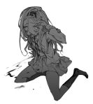  1girl absurdres bleeding blood blood_stain bruise bruise_on_face collared_shirt crying crying_with_eyes_open full_body greyscale hairband highres injury jacket kirarazaka_marina kneehighs long_hair marimo_shounen monochrome neck_ribbon open_clothes open_jacket pleated_skirt ribbon scar scar_on_face school_uniform shirt simple_background sketch skirt solo takopii_no_genzai tears 