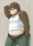  2012 anthro belly big_belly bottomwear brown_body brown_fur clothing dv-ch fur hi_res humanoid_hands kemono male mammal moobs navel overweight overweight_male pants shirt solo topwear ursid 