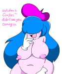  1girl beret blue_hair blush breasts claycia disembodied_limb fat gloves hair_over_eyes happy hat highres kirby_(series) large_breasts navel nipples nude 