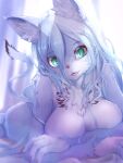  1girl :3 animal_ear_fluff animal_ears animal_nose aqua_eyes backlighting bangs blue_fur blue_hair blurry body_fur cat_ears cat_girl cat_tail claws commentary_request completely_nude crossed_arms depth_of_field fangs furry furry_female hair_between_eyes happy head_tilt indoors long_hair looking_at_viewer lying monochrome nude oinari_sanda on_bed on_stomach open_mouth original shiny shiny_hair sidelocks slit_pupils smile solo tail tail_raised two-tone_fur white_fur 