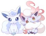  alolan_vulpix animal_focus blue_eyes bright_pupils commentary_request head_tilt hisuian_zorua looking_at_viewer no_humans pokemon pokemon_(creature) sana_(sanaa653) simple_background sitting white_background white_pupils yellow_eyes 