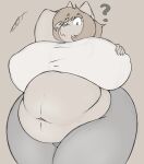  anthro big_breasts breasts canid canine canis confusion female hi_res huge_breasts looking_at_viewer looking_down mammal navel overweight overweight_female solo swolptr thick_thighs wolf 