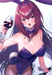  1girl absurdres alcohol animal_ears bottle breasts cleavage cup fake_animal_ears fate/grand_order fate_(series) glass_bottle highres holding leotard long_hair medium_breasts playboy_bunny rabbit_ears scan scathach_(fate) scathach_(piercing_bunny)_(fate) shiny shiny_skin simple_background solo strapless strapless_leotard suzuho_hotaru wine wine_bottle 