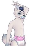  2016 ambiguous_gender anthro archived_source bodily_fluids diaper digital_drawing_(artwork) digital_media_(artwork) dipstick_ears fur genital_fluids gesture hair hi_res monsterbunny multicolored_ears pacifier simple_background solo standing urine v_sign wet_diaper wetting 