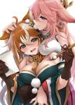  2girls absurdres ahoge animal_ears aqua_eyes bangs bare_shoulders breast_rest breasts brown_gloves cleavage elocca fingernails genshin_impact gloves green_eyes hair_between_eyes hand_on_another&#039;s_head highres hina_(genshin_impact) holding holding_paper large_breasts long_hair multicolored_hair multiple_girls paintbrush paper pink_hair pink_nails purple_eyes simple_background sweatdrop two-tone_hair white_background white_hair yae_miko yuri 