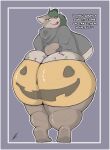  anthro big_breasts big_butt breasts butt candy clothed clothing dessert female food halloween_pumpkin hi_res huge_butt looking_at_viewer looking_back mammal smile solo swolptr thick_thighs tight_clothing tiptoes ursid 