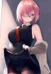  1girl absurdres bare_shoulders fate/grand_order fate_(series) glasses hair_over_one_eye highres jacket lifted_by_self mash_kyrielight necktie off_shoulder open_clothes open_jacket panties panties_under_pantyhose pantyhose pink_hair purple_eyes scan short_hair simple_background sleeveless solo suzuho_hotaru underwear 