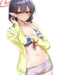  1girl absurdres ayane_(blue_archive) bangs bikini bikini_top_only black_hair blue_archive blush breasts brown_eyes glasses gunpuu halo highres jacket long_sleeves looking_at_viewer medium_breasts open_clothes open_jacket parted_lips pointy_ears red-framed_eyewear short_hair short_shorts shorts simple_background solo striped striped_bikini swimsuit wet white_background white_shorts yellow_jacket 