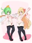  2girls :q arban arm_up bangs bikini black_bikini black_legwear blonde_hair blue_eyes blush bow breasts closed_mouth contrapposto daiyousei english_text eyebrows_visible_through_hair fairy_wings free_hugs full_body green_eyes green_hair hair_bow highres holding lily_white long_hair looking_at_viewer micro_bikini multiple_girls navel nipples open_mouth pink_background red_bow short_hair side_ponytail small_breasts smile standing swimsuit thighhighs tongue tongue_out touhou white_wings wings 
