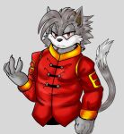  2017 5_fingers absurd_res annoyed anthro black_nose brown_inner_ear_fluff cheek_tuft claws closed_frown clothed clothed_anthro clothed_male clothing colored cosplay dark_nose digital_drawing_(artwork) digital_media_(artwork) dipstick_tail domestic_cat ear_tuft facial_tuft fan_character felid feline felis fingers fist fluffy front_view fully_clothed fully_clothed_anthro fully_clothed_male fur glare gold_jacket grey_background grey_body grey_claws grey_ears grey_eyelids grey_face grey_fingers grey_fur grey_hands grey_tail half-closed_eyes half-length_portrait head_tuft heyimteedo hi_res humanoid_hands inner_ear_fluff jacket light looking_at_viewer male male_anthro mammal markings monotone_claws monotone_nose multicolored_body multicolored_clothing multicolored_fur multicolored_topwear muscular muscular_anthro muscular_male narrowed_eyes neck_tuft portrait pose red_clothing red_eyes red_jacket red_topwear sega shaded simple_background solo sonic_the_hedgehog_(series) standing tail_markings toony topwear tuft two_tone_body two_tone_clothing two_tone_face two_tone_fur two_tone_jacket two_tone_tail two_tone_topwear video_games white_body white_face white_fur white_tail 