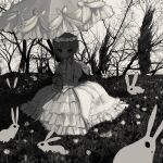  1girl @_@ animal bangs bunny clover dress flower gloves head_wreath highres holding juliet_sleeves lolita_fashion long_sleeves looking_at_viewer mini_wings mole mole_under_eye narue original outdoors parasol puffy_sleeves short_hair sitting symbol-only_commentary tree umbrella wings 