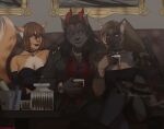  alcohol ambrosia_mallow anthro bad_trigger_discipline beverage breasts brown_body claws cleavage clothed clothing domestic_cat drinking fangs felid feline felis female formal_wear furniture gloves goddamnitrobin green_eyes gun handwear hi_res male mammal painting_(object) ranged_weapon red_eyes sitting sofa weapon 