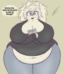  anthro big_breasts book breasts canid canine canis eyewear female glasses hi_res huge_breasts looking_at_viewer mammal navel overweight solo swolptr thick_thighs wolf 