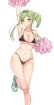  1girl absurdres alternate_costume alternate_hairstyle amagi_(amagi626) arm_up armpits bangs bikini black_bikini black_swimsuit blush breasts cheerleader cleavage closed_mouth collarbone green_eyes green_hair highres large_breasts lips long_hair looking_at_viewer navel pom_pom_(cheerleading) shiny shiny_hair shoes simple_background smile sneakers solo standing standing_on_one_leg stomach sweat swimsuit teireida_mai thighs tied_hair touhou white_background 