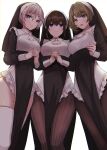  3girls :d :o alternate_costume anastasia_(idolmaster) black_hair black_legwear blush bra_visible_through_clothes green_eyes heterochromia highres idolmaster idolmaster_cinderella_girls looking_at_viewer multiple_girls nun own_hands_together pantyhose pelvic_curtain praying rum_raisin_(chihiromakita19) sagisawa_fumika silver_hair simple_background smile striped striped_legwear takagaki_kaede thighhighs two-tone_dress white_background white_legwear 