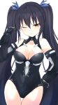  1girl absurdres bangs bare_shoulders bimmy black_hair black_heart blue_ribbon breasts cleavage elbow_gloves eyebrows_visible_through_hair gloves hair_between_eyes hair_ribbon highres leotard long_hair looking_at_viewer medium_breasts neptune_(series) noire_(neptune_series) one_eye_closed red_eyes ribbon simple_background solo twintails very_long_hair 