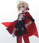  1girl ahoge black_jacket black_shorts blonde_hair braid cape choker cosplay edelgard_von_hresvelg edelgard_von_hresvelg_(cosplay) fate/extra fate_(series) fire_emblem fire_emblem:_three_houses hair_intakes hair_ribbon hand_on_hip highres jacket long_sleeves medium_hair nayu_tundora nero_claudius_(fate) pantyhose red_cape red_choker red_legwear red_ribbon ribbon shiny shiny_clothes shiny_hair shiny_legwear short_shorts shorts simple_background solo standing white_background 