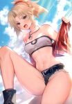  1girl absurdres blonde_hair blue_sky breasts cloud cloudy_sky day fate/apocrypha fate/grand_order fate_(series) green_eyes highres midriff mordred_(fate) mordred_(fate/apocrypha) navel outdoors scan short_shorts shorts simple_background sky small_breasts solo stomach strapless suzuho_hotaru sweat sweatdrop thighs tied_hair tube_top 