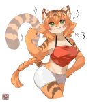  2022 absurd_res anthro black_stripes clothed clothing digital_media_(artwork) felid female fur green_eyes hair hi_res kawarage_yatano mammal orange_body orange_fur pantherine simple_background smile solo striped_body striped_fur stripes tiger white_background 